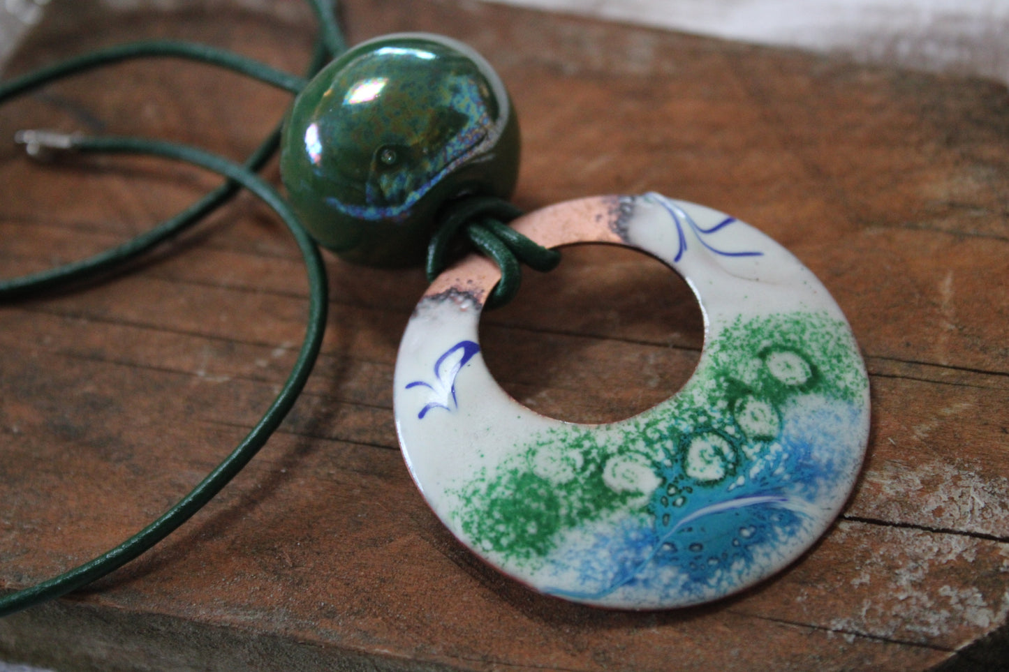 Verde y Mar – Handmade Copper Necklace with Enamel Pendant & Spanish Ceramic Bead | Boho Statement Jewellery | 7th Anniversary Copper Gift