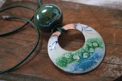 Verde y Mar – Handmade Copper Necklace with Enamel Pendant & Spanish Ceramic Bead | Boho Statement Jewellery | 7th Anniversary Copper Gift