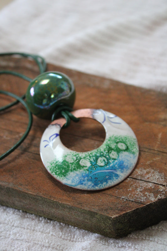 Verde y Mar – Handmade Copper Necklace with Enamel Pendant & Spanish Ceramic Bead | Boho Statement Jewellery | 7th Anniversary Copper Gift